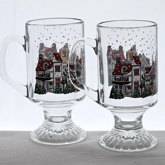 Christmas Village Hot Toddy Mug by Arcoroc 5.5in set-2 townhouses footed cup - Picture 4 of 10
